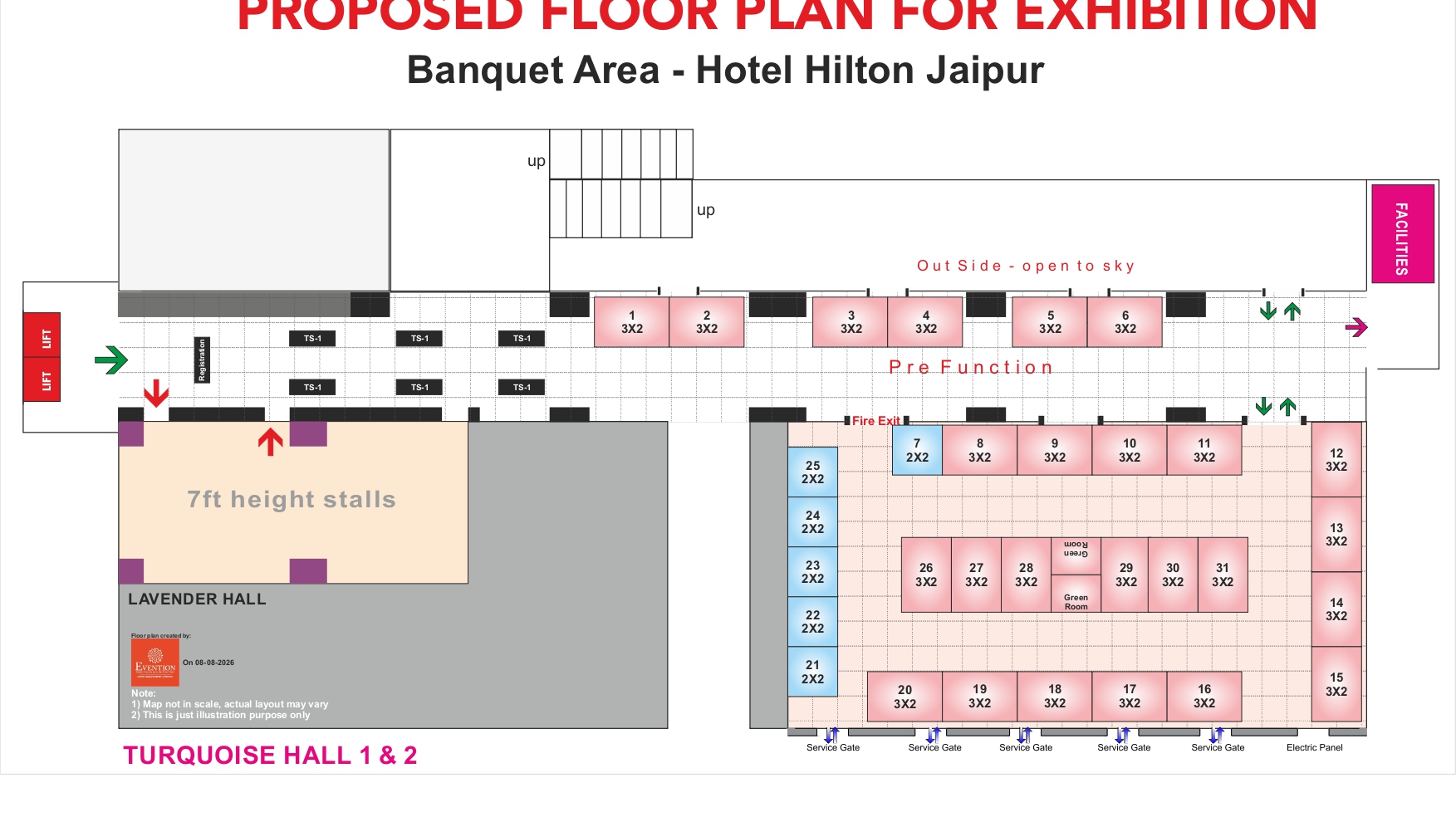 Jaipur Hilton — Banquet Area, proposed floor plan for exhibition, Turquoise Hall 1 & 2 and Lavender Hall