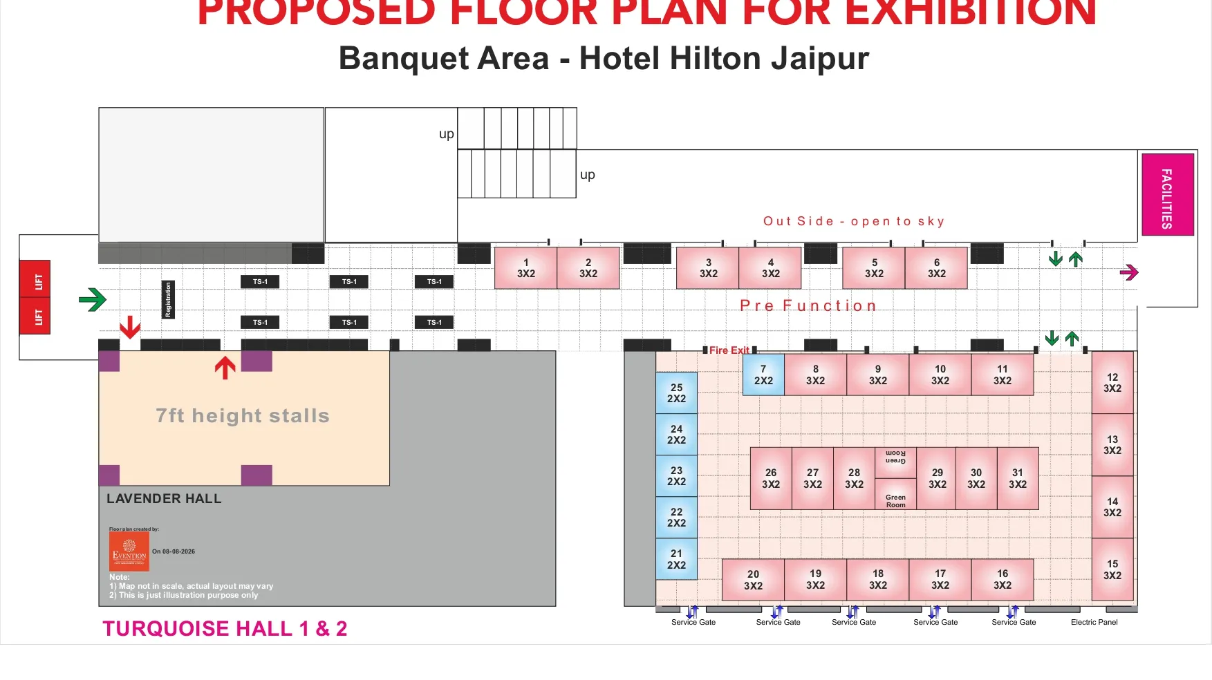 Jaipur Hilton — Banquet Area, proposed floor plan for exhibition, Turquoise Hall 1 & 2 and Lavender Hall